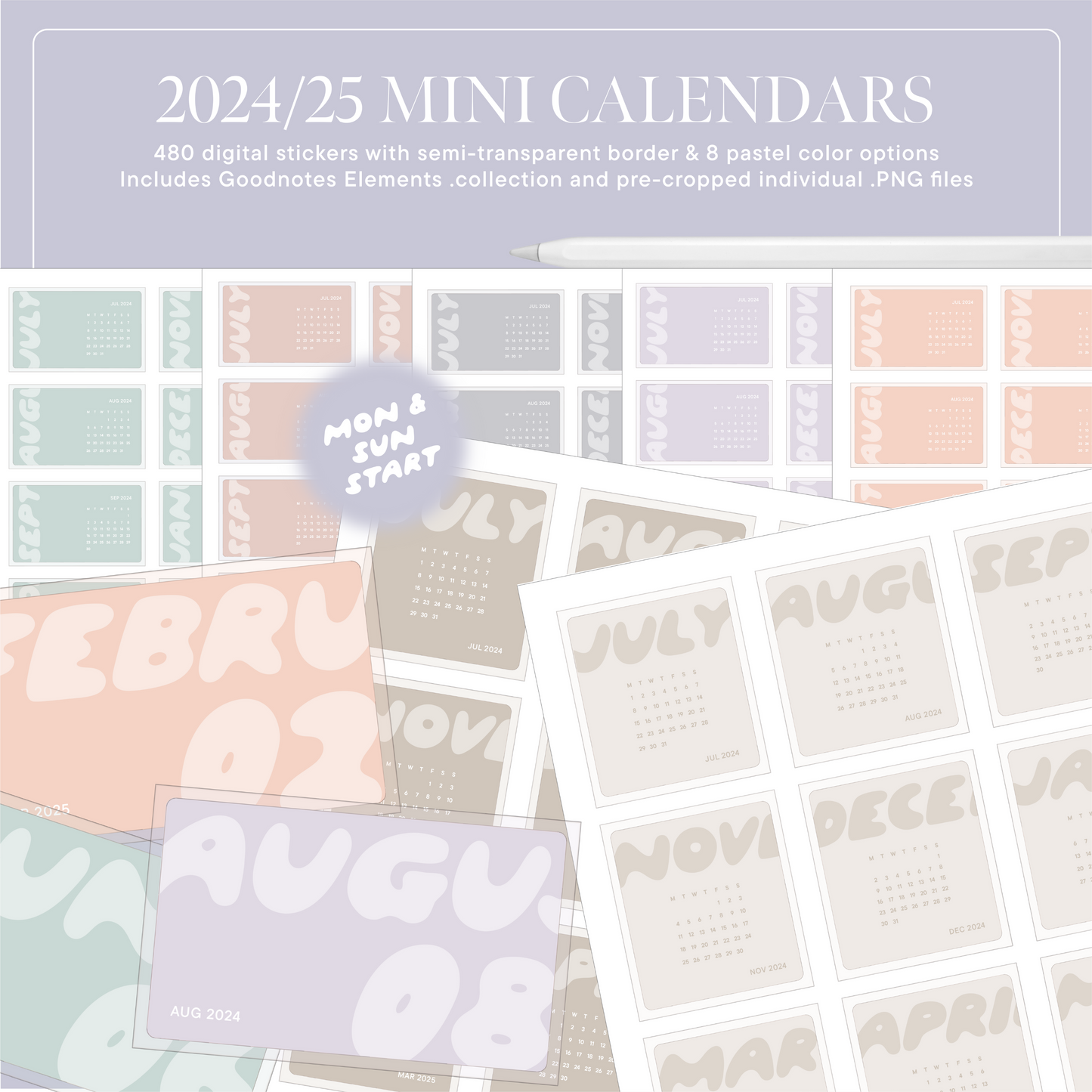 2024/25 Mini Calendar Digital Stickers | Pastel