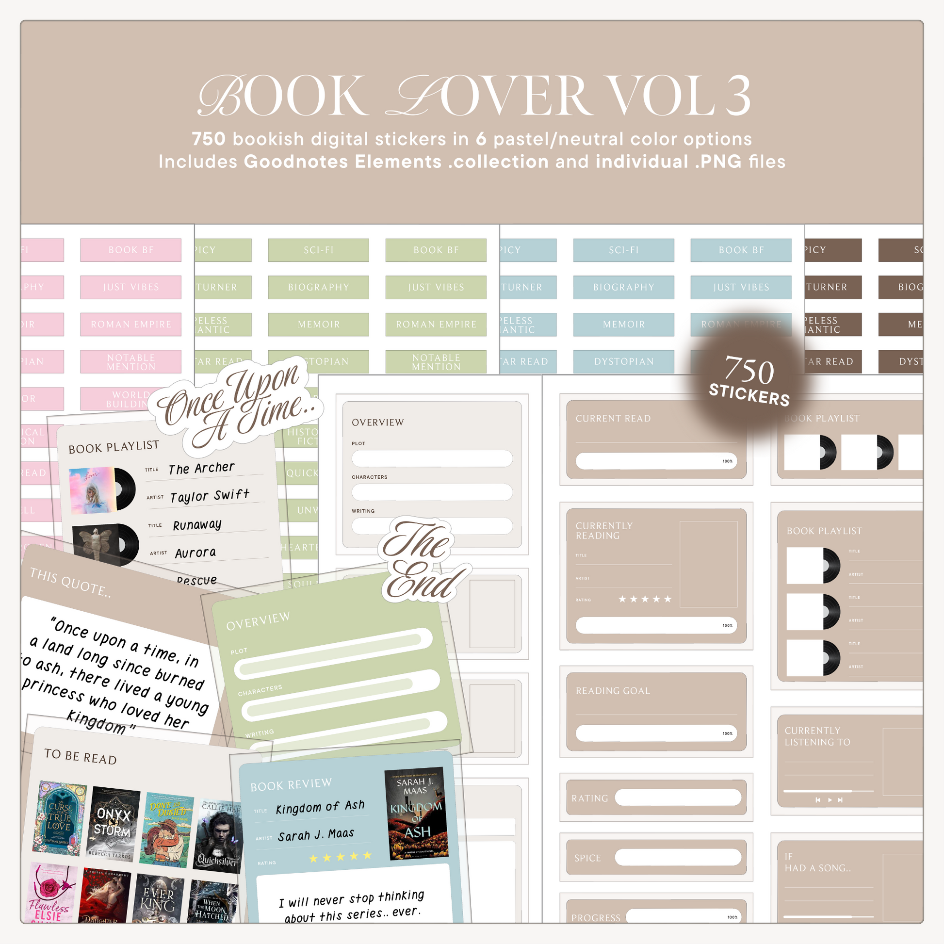 book lover vol 3 digital stickers for digital planners, reading journals, notebooks and more, bookish digital stickers for Goodnotes in 6 pastel neutral colors, semi-transparent design, reading journal stickers, bookish stickers, book lover, iPad stickers, iPad journal stickers for Goodnotes