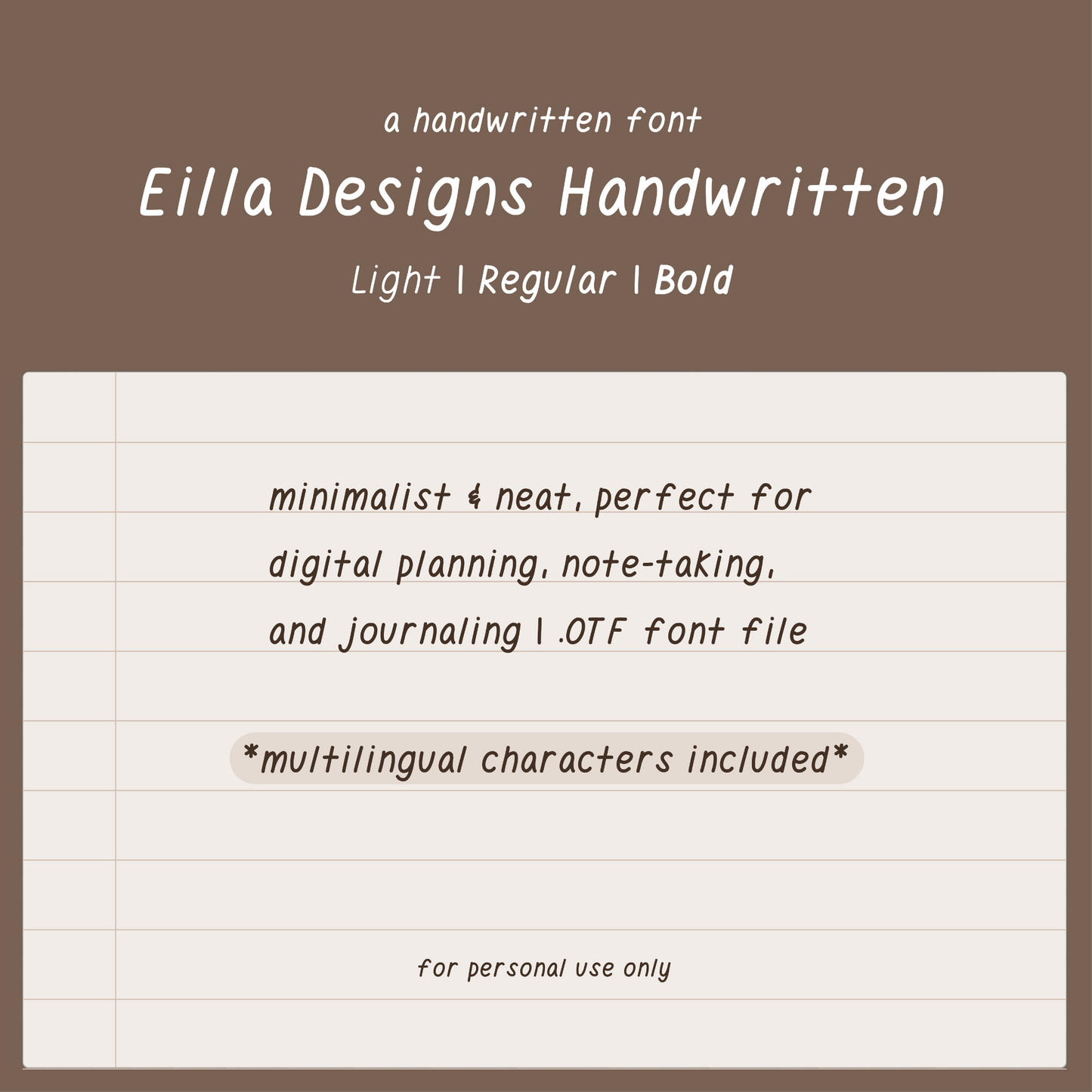 Eilla Designs italic handwritten font, light regular bold, OTF font file, minimalist handwriting font for iPad planning, note-taking, journaling, neat handwritten font, realistic handwritten font