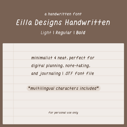 Eilla Designs italic handwritten font, light regular bold, OTF font file, minimalist handwriting font for iPad planning, note-taking, journaling, neat handwritten font, realistic handwritten font