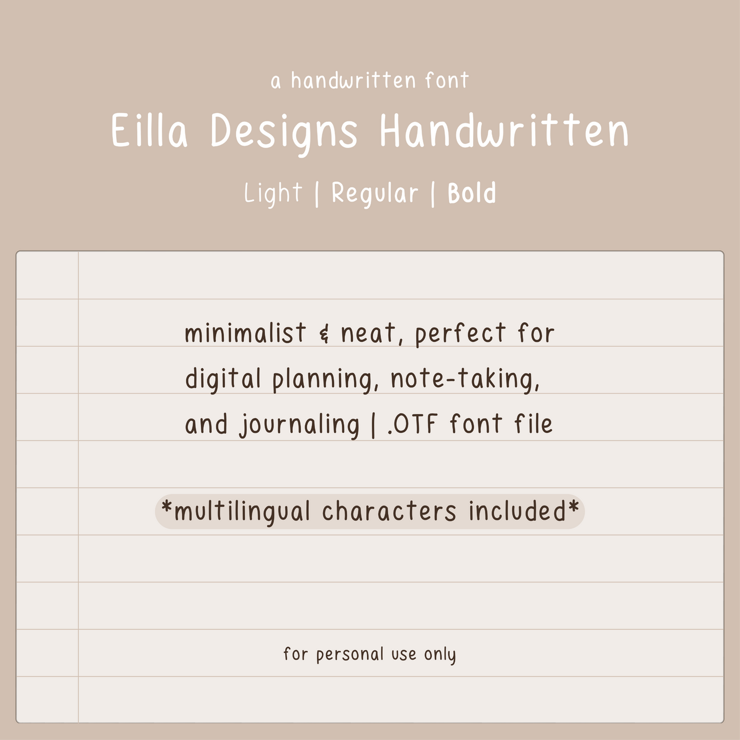 Eilla Designs handwritten font, light regular bold font, OTF font file, minimalist handwriting font for iPad planning, note-taking, journal, neat handwritten font