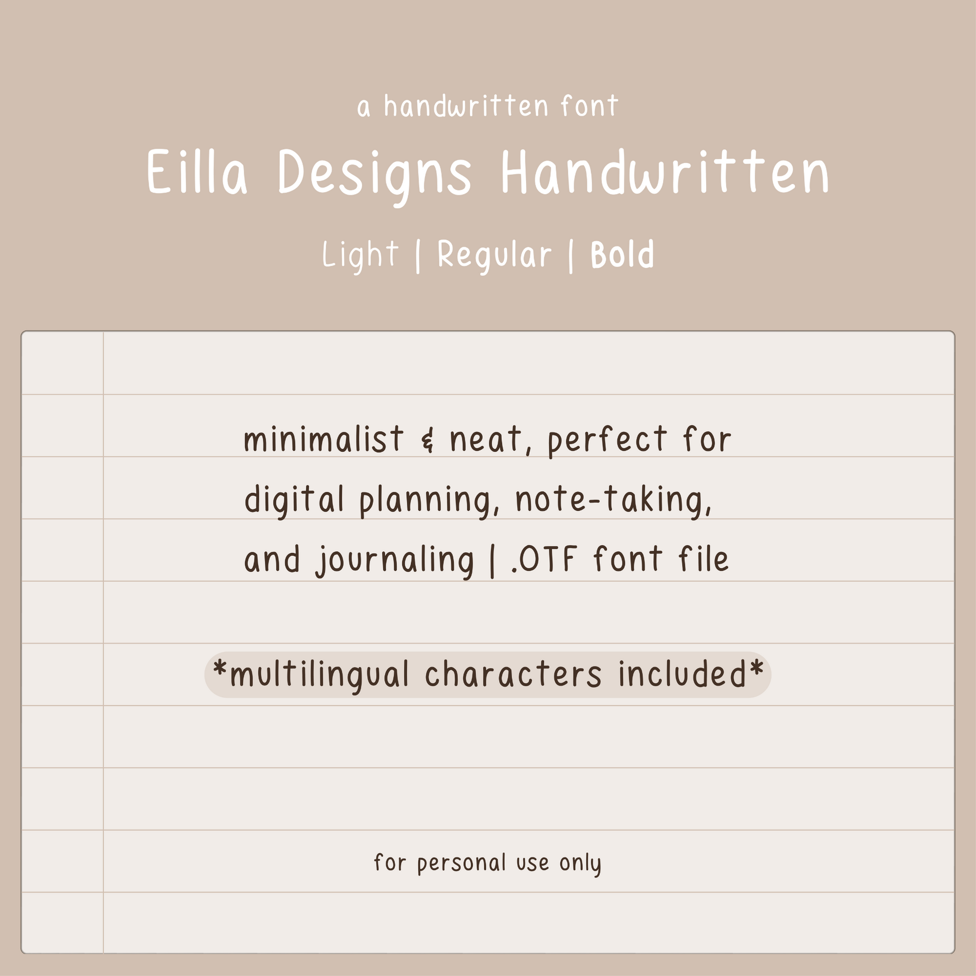 Eilla Designs handwritten font, light regular bold font, OTF font file, minimalist handwriting font for iPad planning, note-taking, journal, neat handwritten font